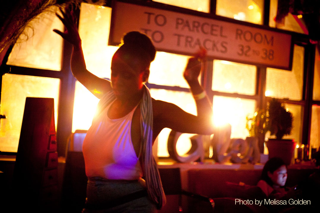 Eden dancing at a Stranded from Burning Man party.  Photo by Melissa Golden.